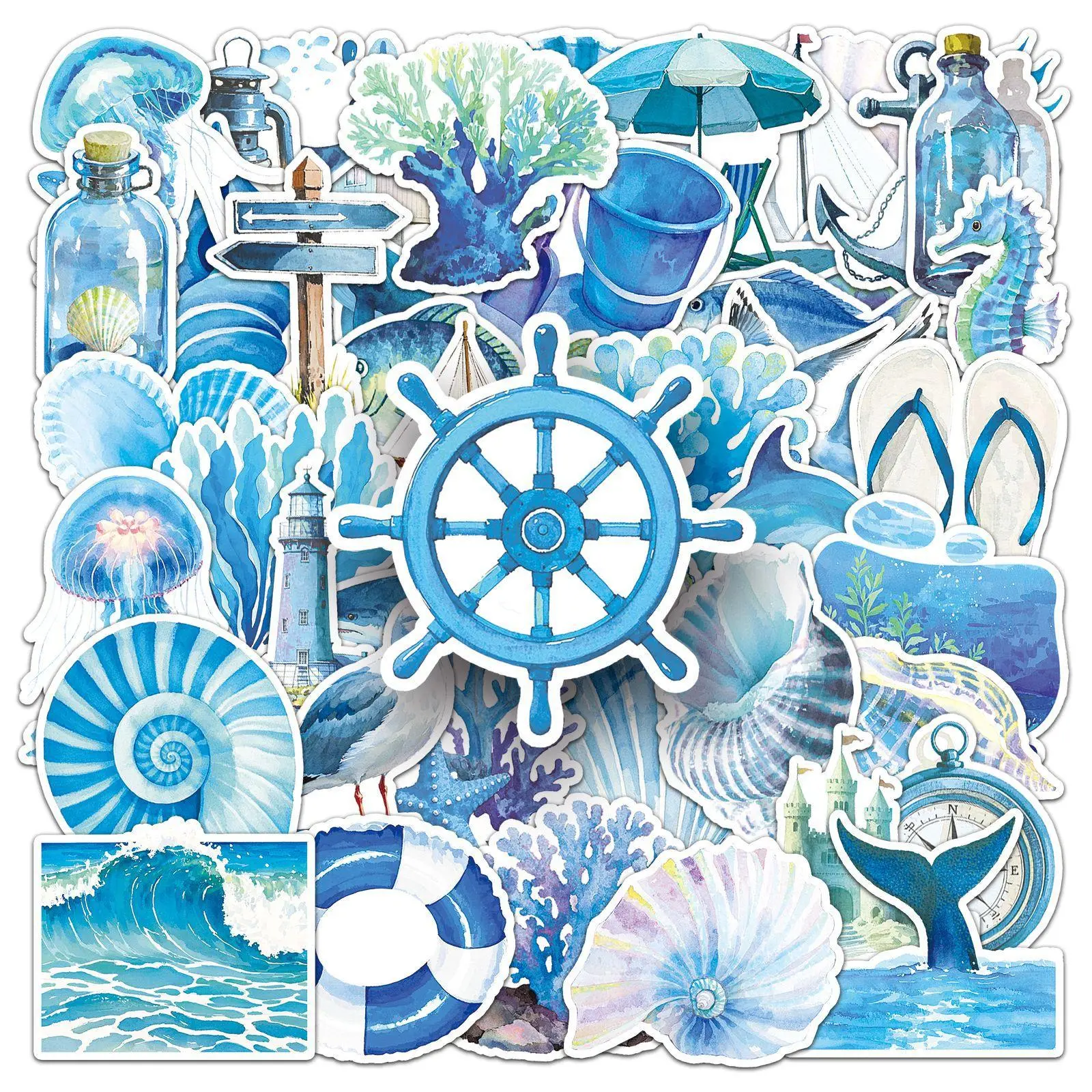 Sea Themed Sticker, 50pcs/set Blue Sea Series Sticker, Decorative Sticker for Scrapbook, Diary, Notebook, Water Bottle, Car, Laptop, Universal Car Sticker