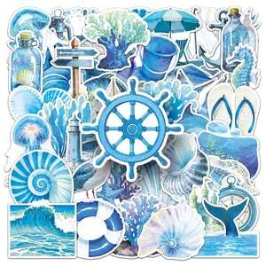 Sea Themed Sticker, 50pcs/set Blue Sea Series Sticker, Decorative Sticker for Scrapbook, Diary, Notebook, Water Bottle, Car, Laptop