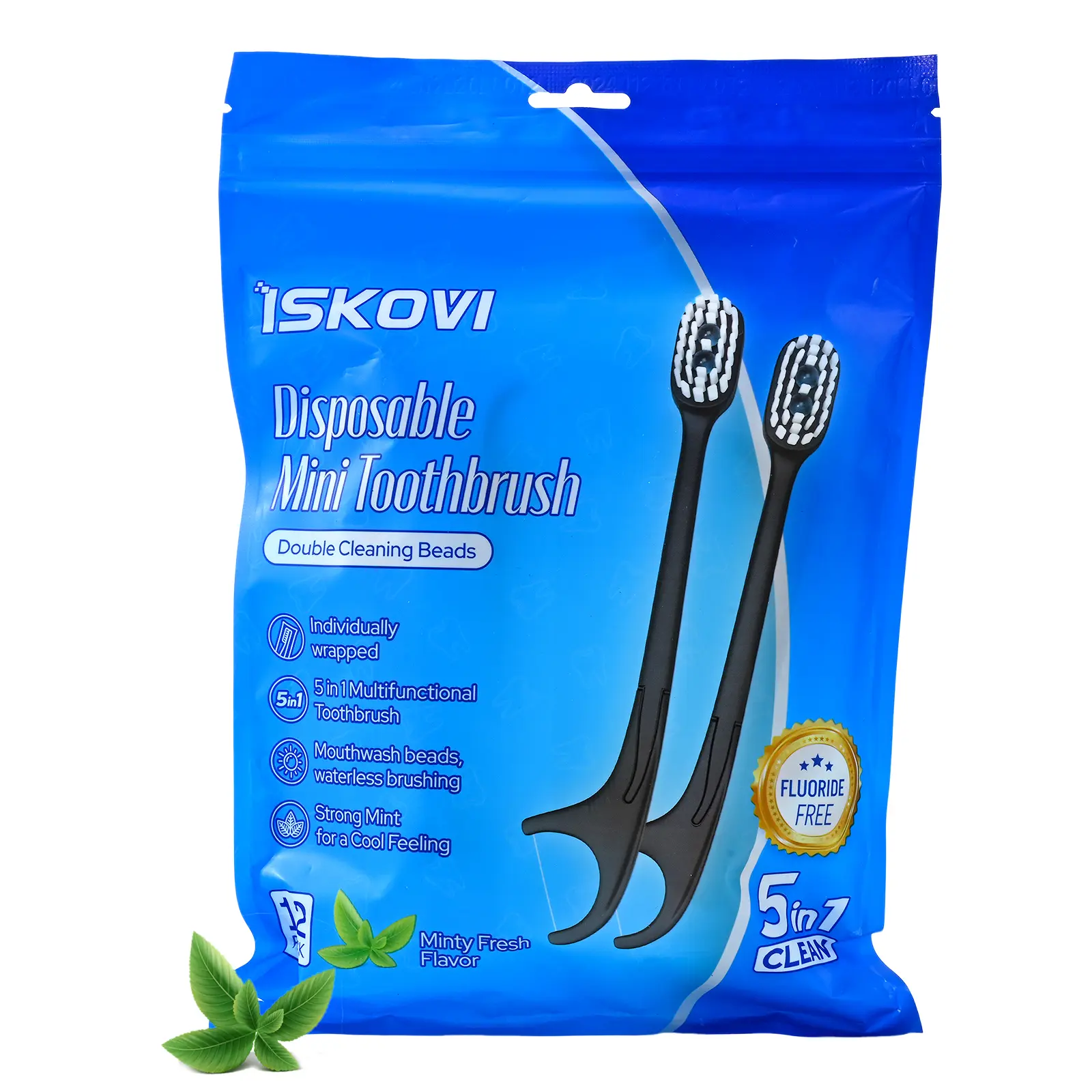 5-in-1 Disposable Toothbrush with Toothpaste/Mouthwash Beads, Tongue Scraper, Floss & Toothpick for Work or Travel - Minty 12 Pack - Oral Comfort
