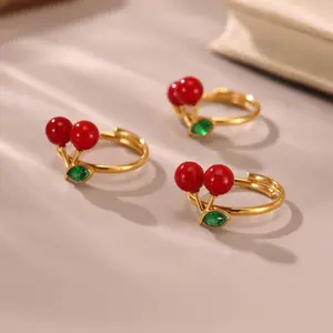 Cherry Rhinestone Resin Cherry Ring Fruit Sweet Open Index Finger Ring Stainless Steel 18K Gold Plated Ring Fashion Heart Rings Heart Cluster Ring