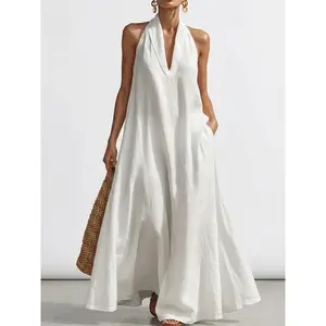 Fashion Maxi Dress Casual Halter V-Neck Oversized Loose with Pockets