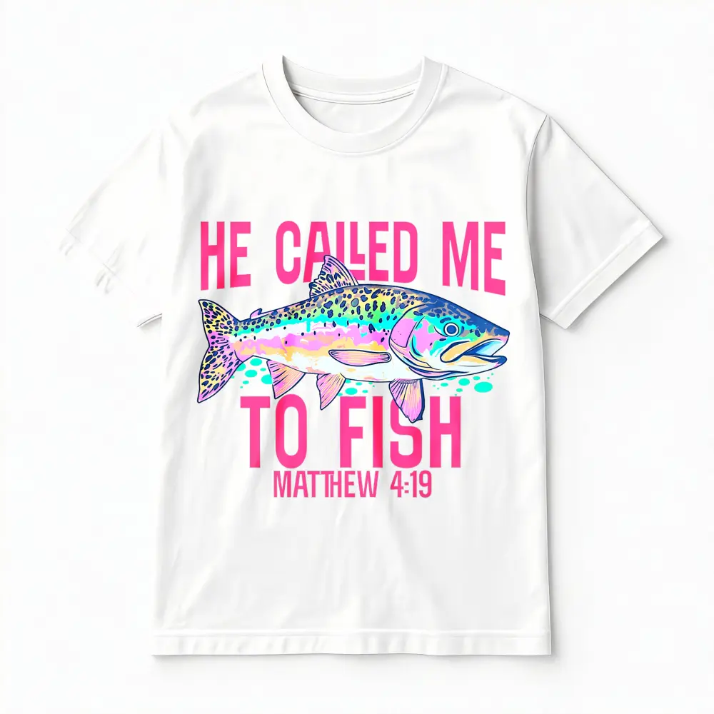 Men's "He Called Me to Fish" Short-Sleeve Pure Cotton Christian T-Shirt, Casual Faithful Top with Matthew 4:19 Trout Graphic, Gift for Fishermen, Outdoor Menswear Streetwear