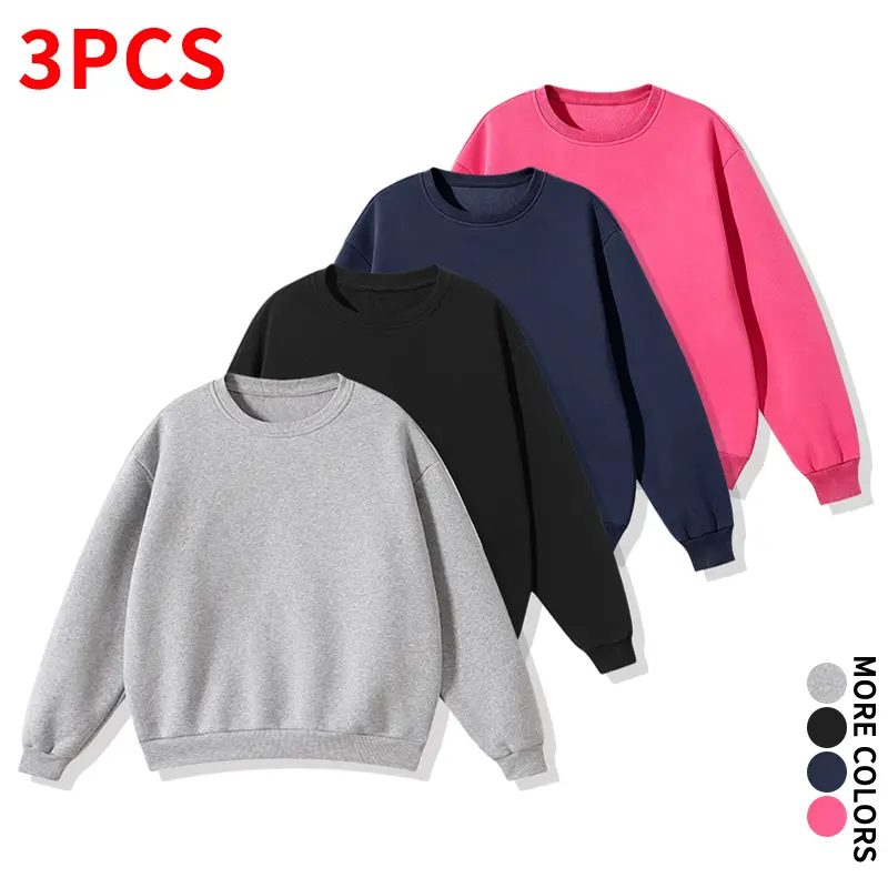 Basic solid-color drop-shoulder crewneck sweatshirt, 3-pack; skin-friendly fabric; casual long-sleeve pullover for walking and layering