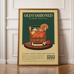 Old Fashioned Cocktail Print, Old Fashioned Cocktail Poster, Bar Wall Art, Classic Bar Cart Art Prints, Retro Print