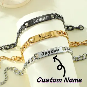 Blank ID Bracelet Custom Engraved Stainless Steel Bar Bracelet| Personalized Couple Cuban Chain Jewelry