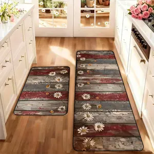 2-Piece Kitchen Rug Set, Chrysanthemum Pattern Wood Texture, Washable Non-Slip Low-Height Floor Mats for Kitchen Laundry Room Hallway Decor