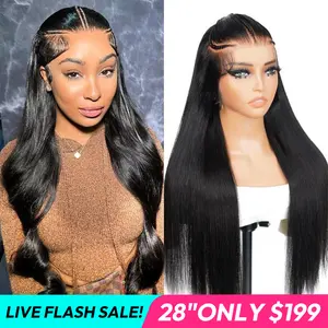 [LIVE SUPER DEAL] 28 Inch 250% Density Human Hair Wig West Kiss Pre Braided Glueless Ready Go Wig Silk Straight Lace Front Wig Pre Cut Lace Wig