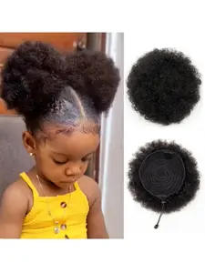 Boymia Afro Puff Ponytail for Children, Natural 6 Inch, 2pcs Human Hair, Curly Wrap, Drawstring Puff Ponytail, Hair Extensions