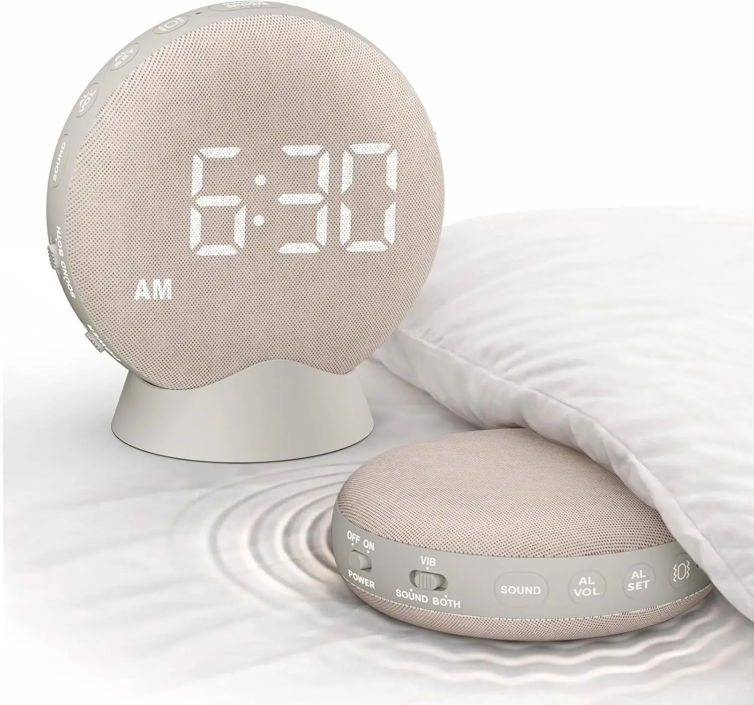 Super Loud Alarm Clock for Heavy Sleepers: Vibrating Digital Auto-Dim Clock with Bed Shaker for Hearing Impaired - Portable Rechargeable Battery for Bedroom Travel Dorm - Putty