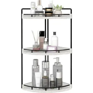 3-Tier Corner Bathroom Organizer Countertop for Storage,Vanity Tray,Wood Counter Organizer for Kitchen,Bathroom,Dresser (Rustic White)