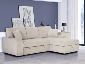 8012-2PC 2 pc Clarke beige corduroy fabric sectional sofa with pull out sleep area and storage chaise