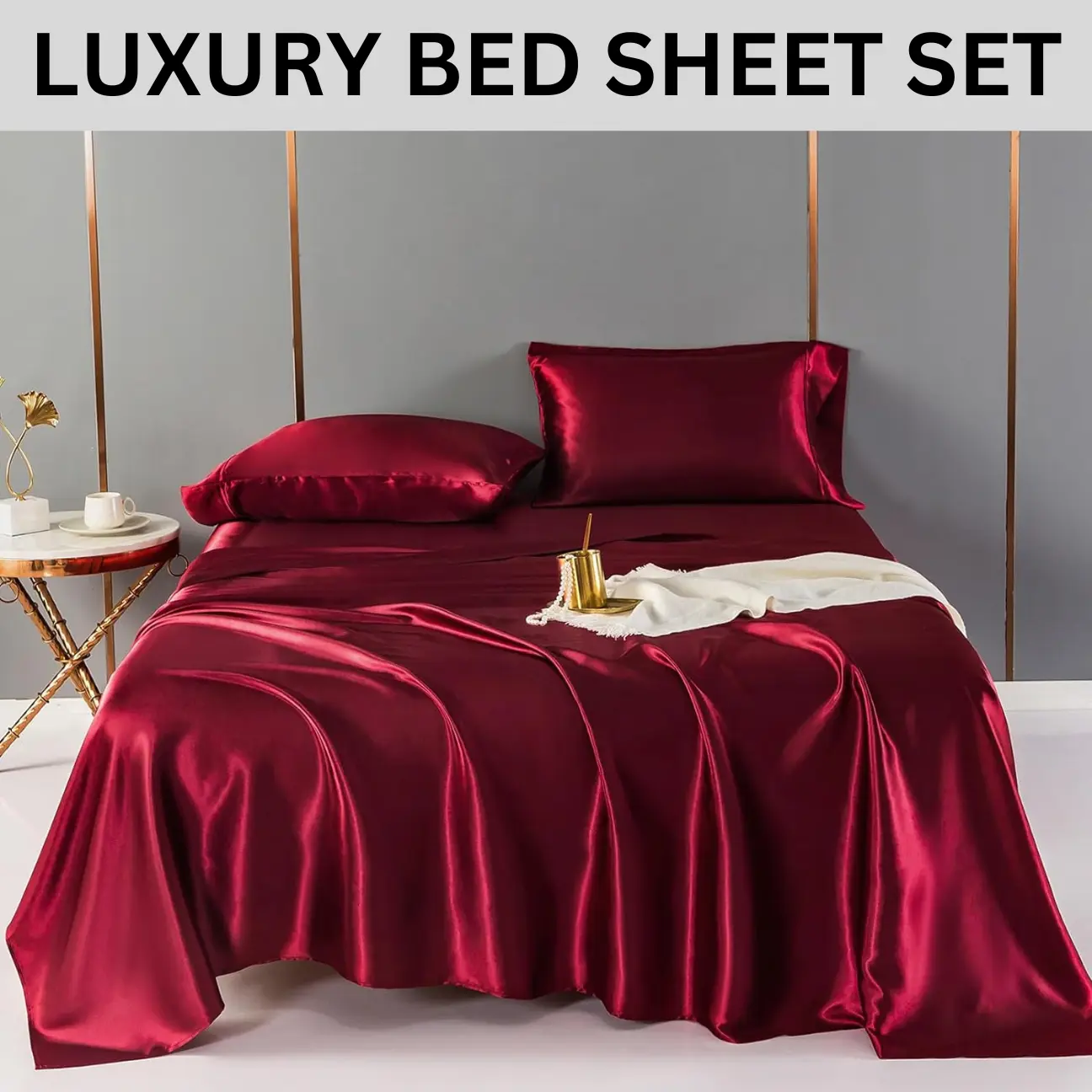 Satin Sheets Deep Pocket,Super Soft Cooling Sheets King Size,King Silk Sheets Set Deep Pocket,Wrinkle Free,Breathable 4 Piece,Burgundy Red