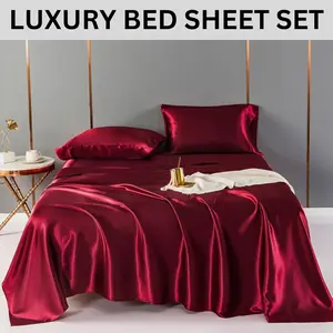 Satin Sheets Deep Pocket,Super Soft Cooling Sheets King Size,King Silk Sheets Set Deep Pocket,Wrinkle Free,Breathable 4 Piece,Burgundy Red
