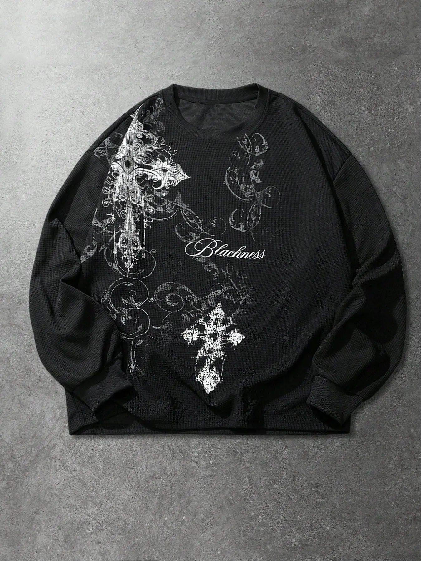 Men's Waffle Fabric Gothic Cross Print Long Sleeve Pullover Sweatshirt, Casual Fall & Winter Wear, Fitted Graphic Hoodie Tops for Daily Use