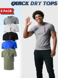 Men's Solid Color & Print Round Neck Sports Tee, Breathable Quick Drying Crew Neck T-Shirt, Casual Sporty Top for Gym Workout Running