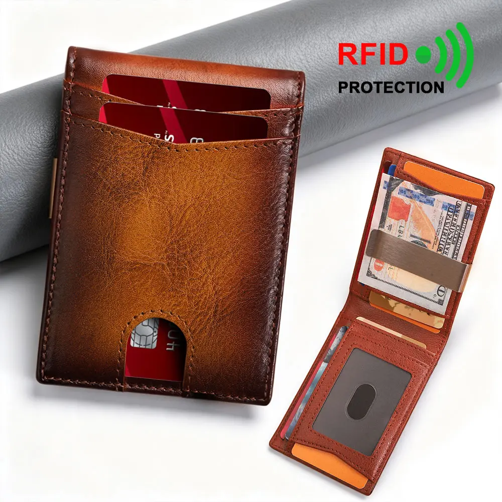 Slim Wallet for Men-Cowhide Leather Money Clip Mens Wallets-RFID Blocking Front Pocket Bifold Wallet-Minimalist Credit Card Holder Gift for Him