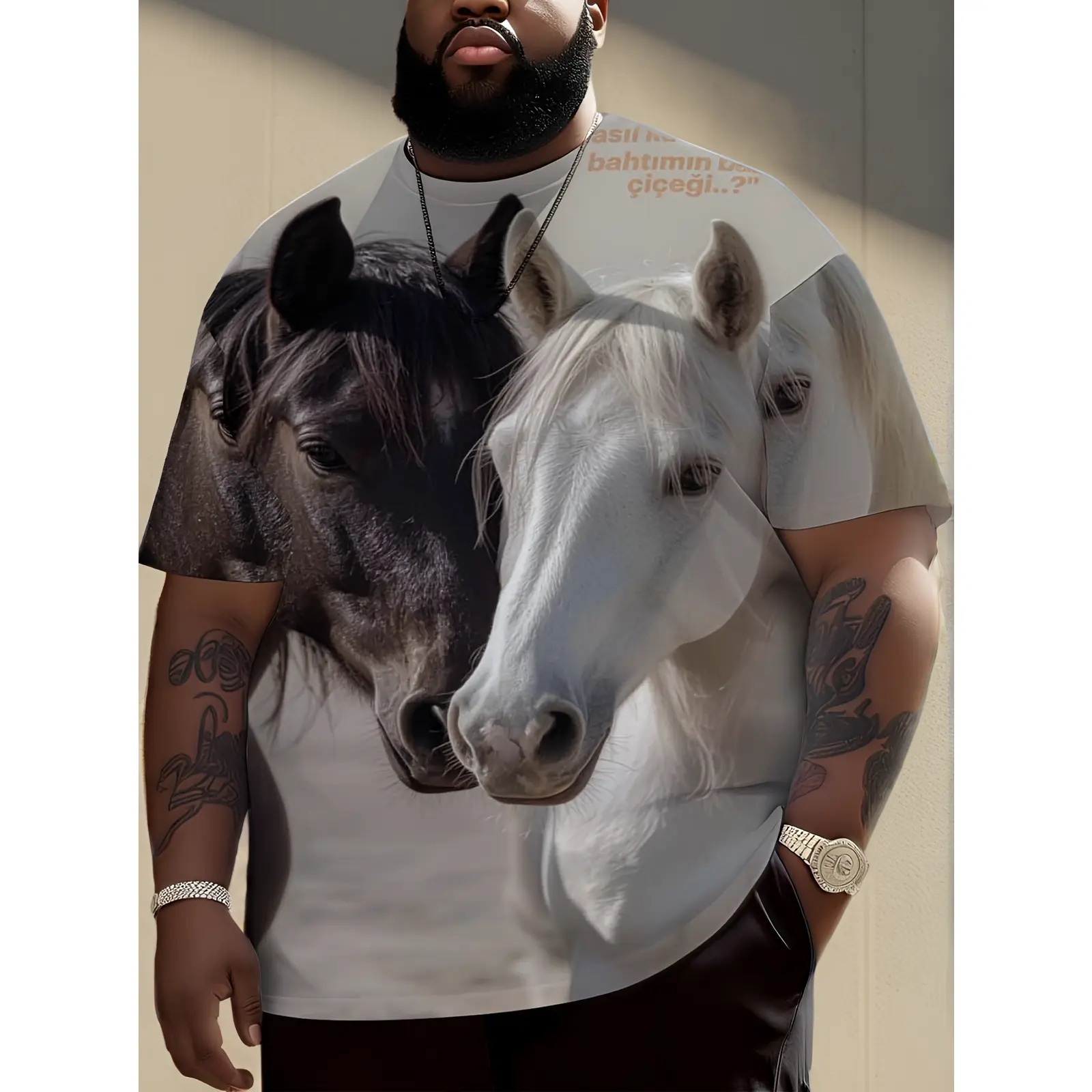 Horse Print T-shirt, White Double Horse Pattern, Men's Casual Wear, Suitable for Outdoor Activities and Daily Wear, Plus Size
