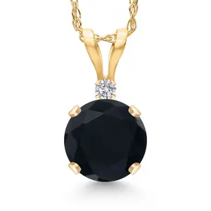 Gem Stone King 14K Yellow Gold Black Onyx and Lab Grown Diamond Pendant Necklace for Women | 0.82 Cttw | Gemstone December Birthstone | Round 6MM | With 18 Inch Chain