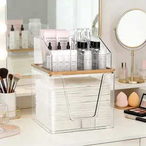 2-in-1 Disposable Facial Towel Holder & Cosmetic Organizer, Clear Bamboo-Lidded Storage Compatible with Clean Skin Club XL Towels, Stackable Bathroom Vanity Counter Organizer (1 Pack)