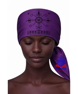 23.6X23.6 INCHES GEBE NIBO Mouchwa Head Scarf Mouchwa lwa mouchoir lwa Veve Ceremonial Scarf, Red Satin, Traditional Spiritual Design, Religious Altar Accessory Mouchwa Lwa Mouchoir Lwa Loa Mambo Ougan Manbo Vodoo Voudou Hoodoo Wican