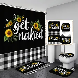 1/3/4PCS Floral style design with sunflowers and get naked text Shower Curtain Set with Rugs, Non Slip Bath Mat, U-Shape Carpet, Toilet Lid Cover, Polyester Fabric Bathtub Curtain Accessories, 12 Hooks, Home Bathroom Festival Decor