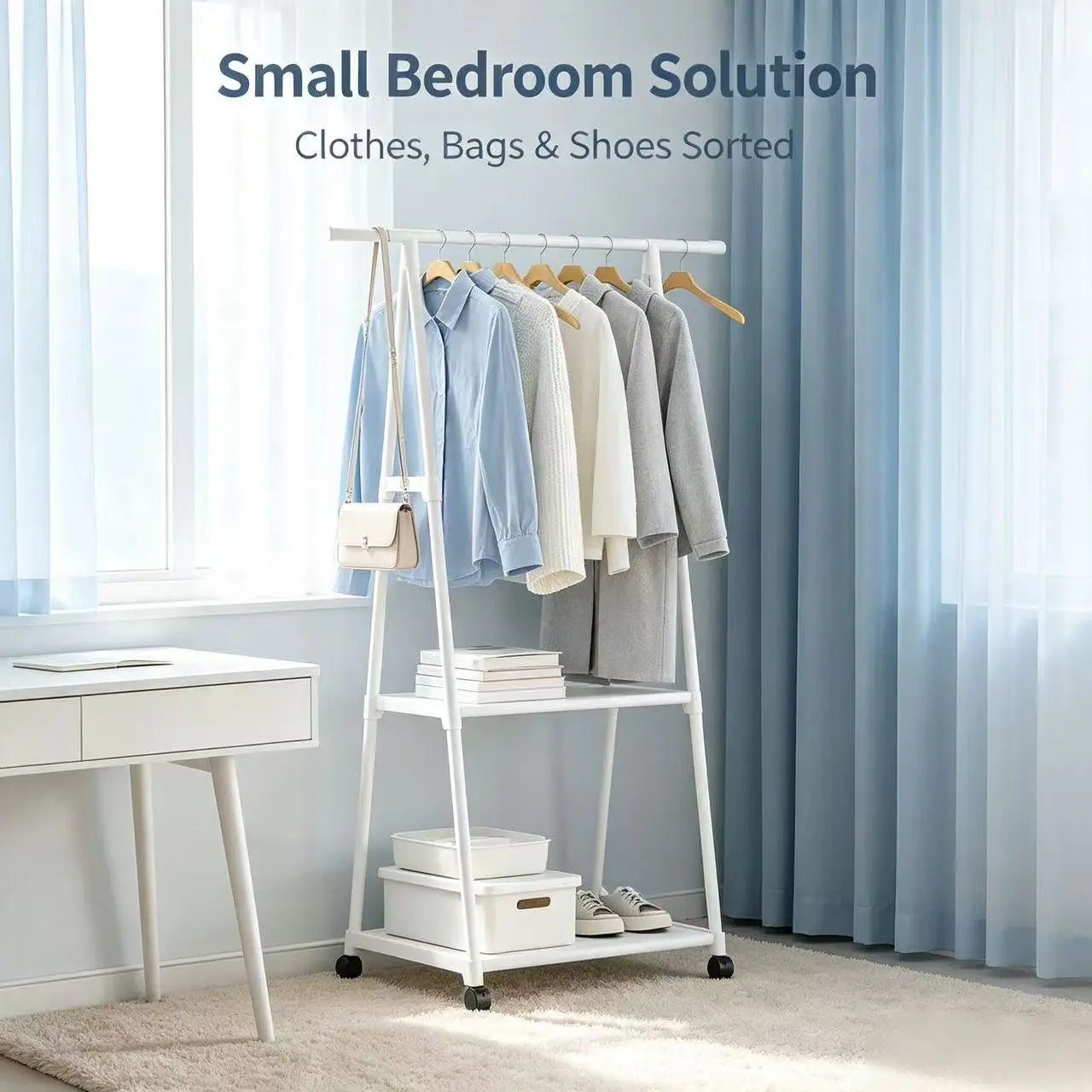 Triangle Garment Rack with Lockable Wheels, Freestanding Clothes Rack with 2-Tier Storage Shelves, Stable Metal Coat Organizer, Multifunctional Storage for Clothes, Shoes & Bags, Space Saving Rolling Clothing Stand for Entryway, Bedroom & Small Apartment