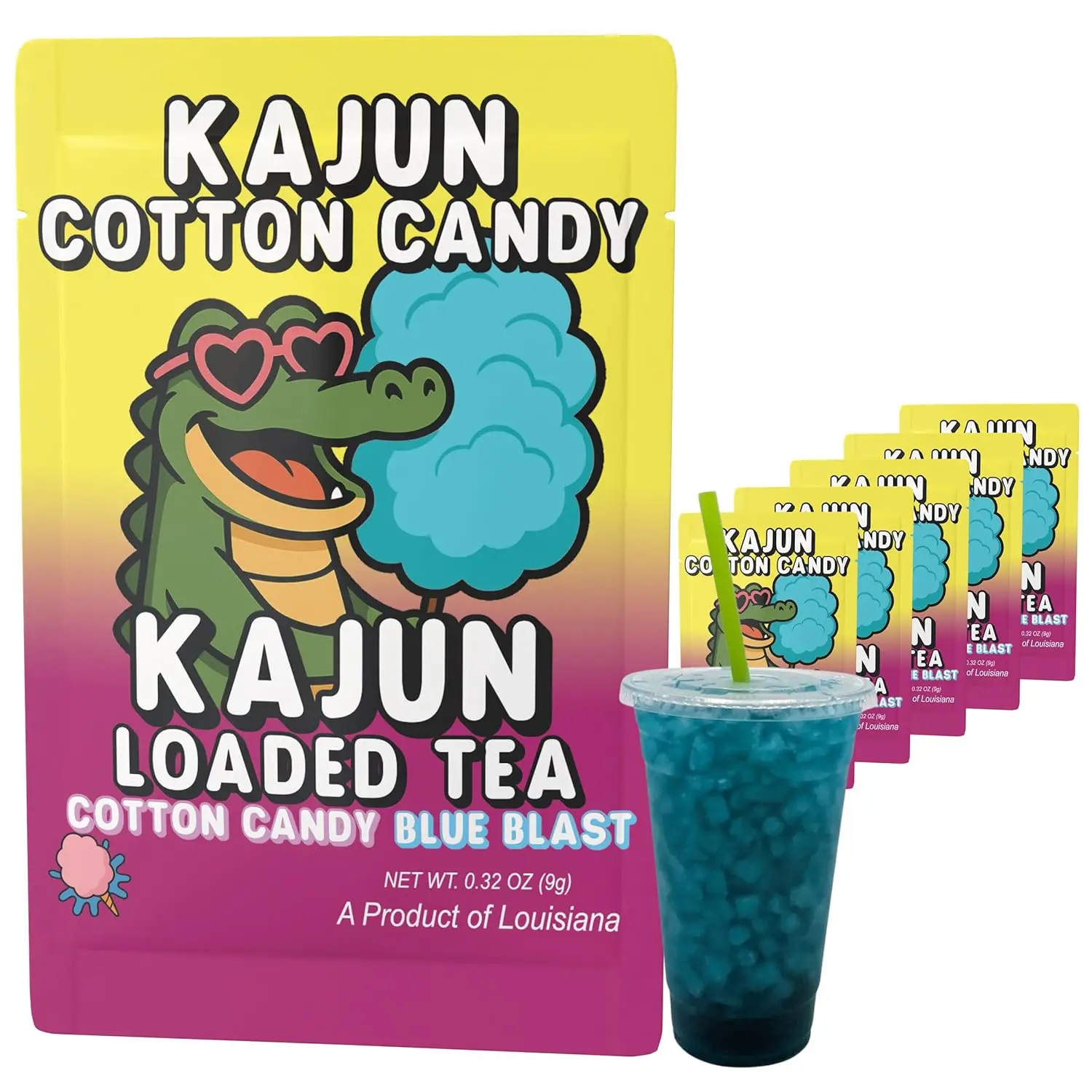 Kajun Loaded Vitamin Energy Tea Packets - Cotton Candy & Blue Blast Flavors, 0 Sugar Mix, 250mg Green Tea Caffeine, 5-Pack Beverage Powder