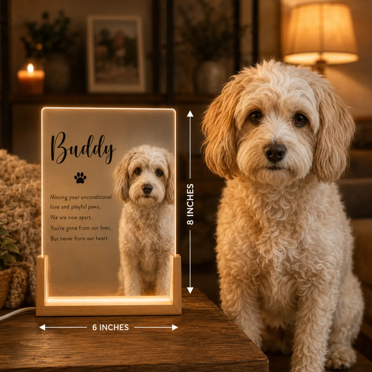 Personalized Pet Memorial Plaque Night Light, Custom Pet Loss Gift, Dog & Cat Sympathy Gift, Memorial Keepsake for Animal Lovers, Remembrance Lamp, Acrylic & Woodeen, Memorial Gift for Pet Parents, Dog & Cat Custom Photo