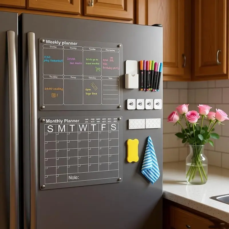 NW2Lbs 2 Pack Acrylic Magnetic Fridge Calendar Dry Erase Clear Monthly & Weekly  Planning Boards with Markers, Wall Hanging Hook