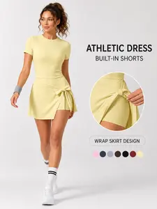Women’s Workout Dress Short Sleeve Backless Design Faux Two Piece Anti Slip Four Way Stretch Tummy Control Butt Lifting Buttery Soft Comfortable Breathable Yoga Dress for Gym Outdoor Running Sports Skirt Daily Versatile Casual Activewear Tennis Dress