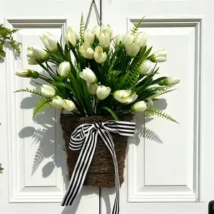 Farmhouse Milk Tulip Hanging Basket, Rustic Style with Striped Bow, Artificial Floral Arrangement for Front Door, Wedding Decor, Outdoor Window Sill
