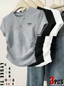 3pcs women's casual fashion slim fit small bow Butterfly print details simple solid color pleated pullover shirt women's round neck short sleeved three piece T-shirt