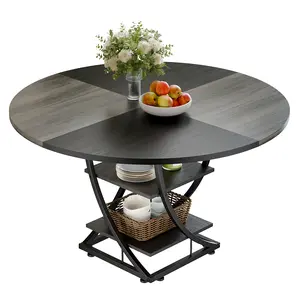 Round Dining Table for 4-6, 47 inch Circle Kitchen Table with 2-Layer Storage Shelf, Modern Wood Dinner Table with Heavy Duty Pedestal for Dining Room, Living Room, Kitchen, Farmhouse, Black & Grey