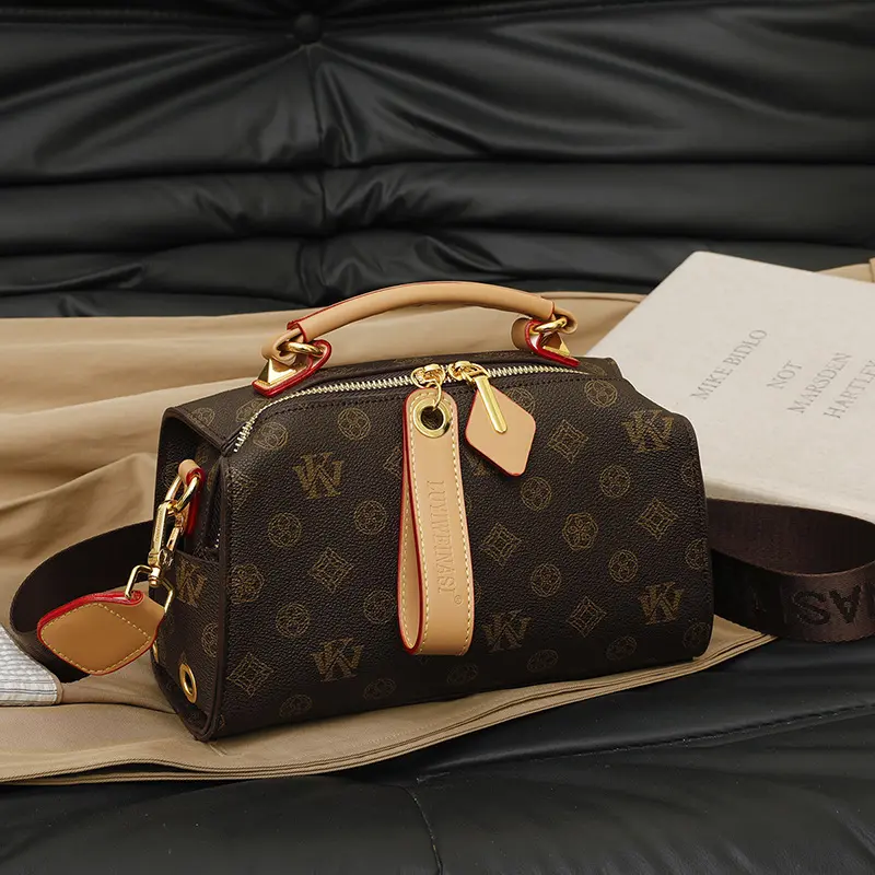 Crossbody Vintage Printed Boston Bag Stylish Handheld & Shoulder Bag Versatile Textured Women's Bag with Gold Accents