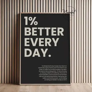 Motivational poster 1% better every day print gym wall art inspirational soft black and light beige