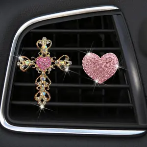 2 Pack Pink Bling Car Vent Clips - Crystal Cross & Heart Air Freshener Accessories for Women & Girls - Stylish Car Decor for a Touch of Glamour Auconda