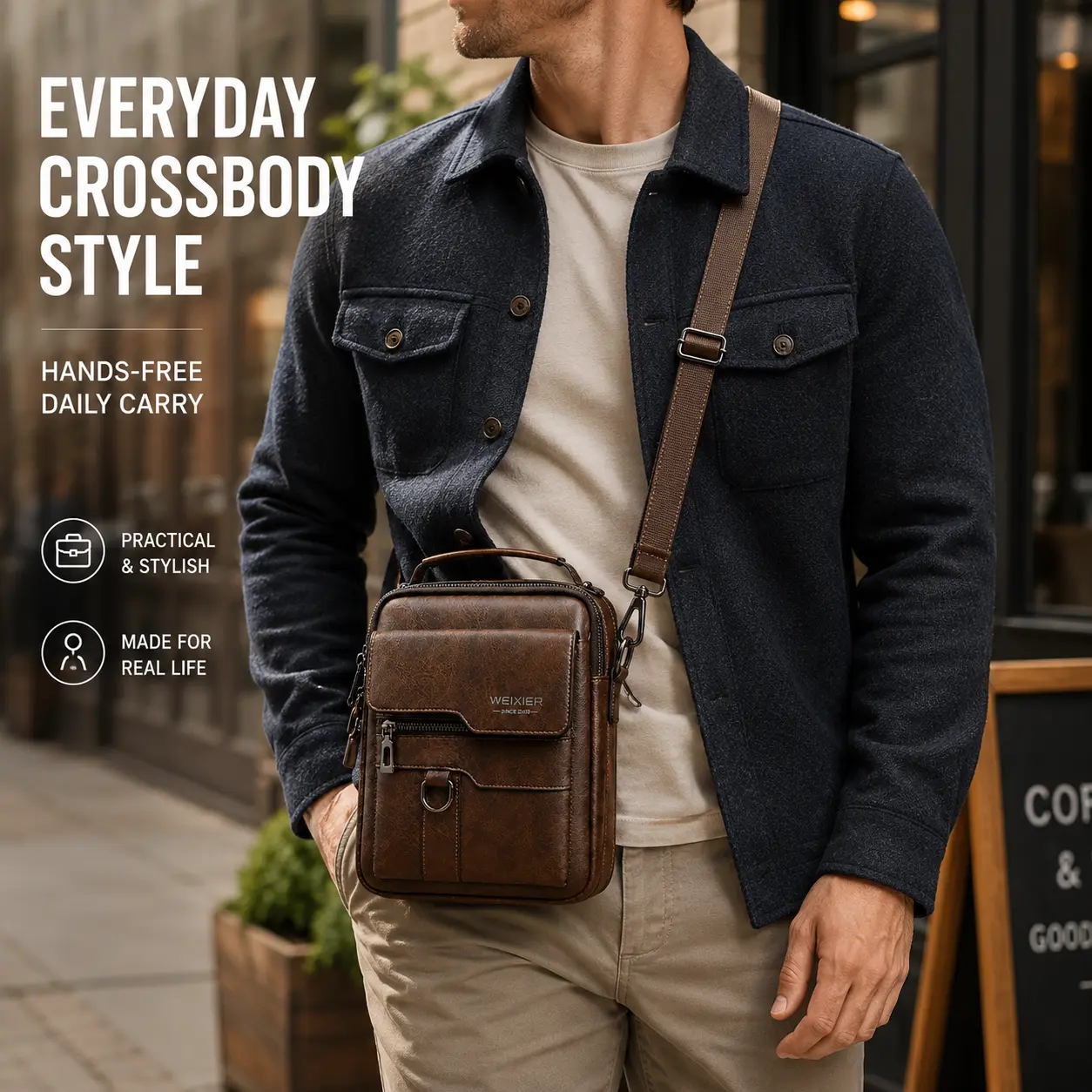 WEIXIER Men’s Crossbody Bag, Vintage Multi-Pocket Shoulder Handbag, Small Messenger Bag with Adjustable Strap, Everyday Carry Bag for Work, Commute and Travel, Brown/Black