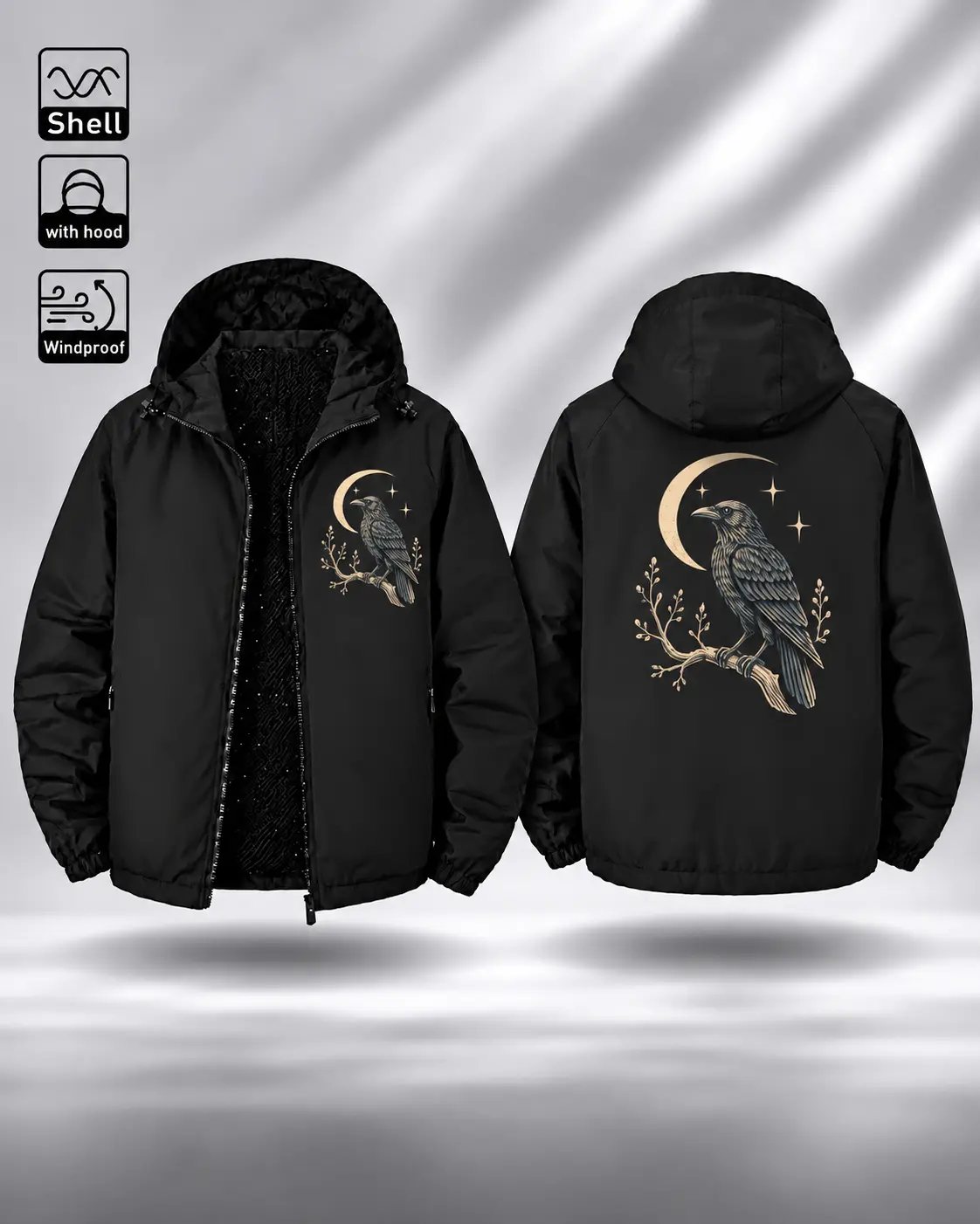 Moon Raven Windbreaker Jacket, Hooded Zip-Up Shell with Front and Back Graphics, Gothic Wildlife Streetwear
