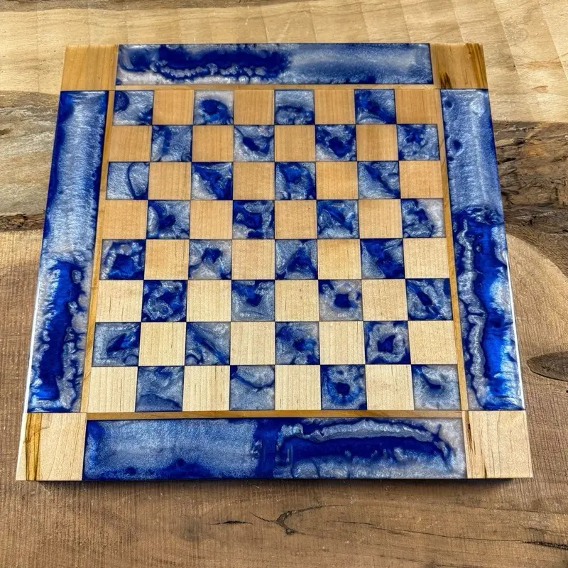 Deep Blue White Maple Wood Chess Board (INCLUDES PIECES)
