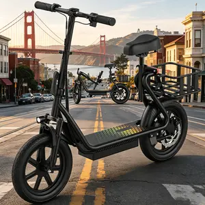 A Adult Electric Scooter with Comfortable Seat 48V 10.4Ah Battery Up to 22MPH Fast Speed 21-27 Miles Long Range Pet-Friendly Commuter Scooter with Rear Storage Basket