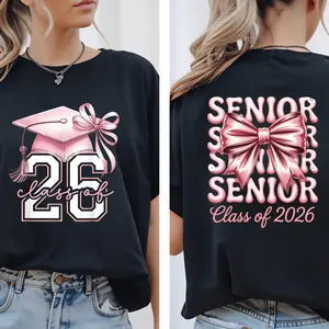 Class Of 2026 Senior Pink Coquette Bow Graduation Essential T-Shirt, Pink Coquette Bow Senior Class of 2026 Senior Girls Classic T-Shirt