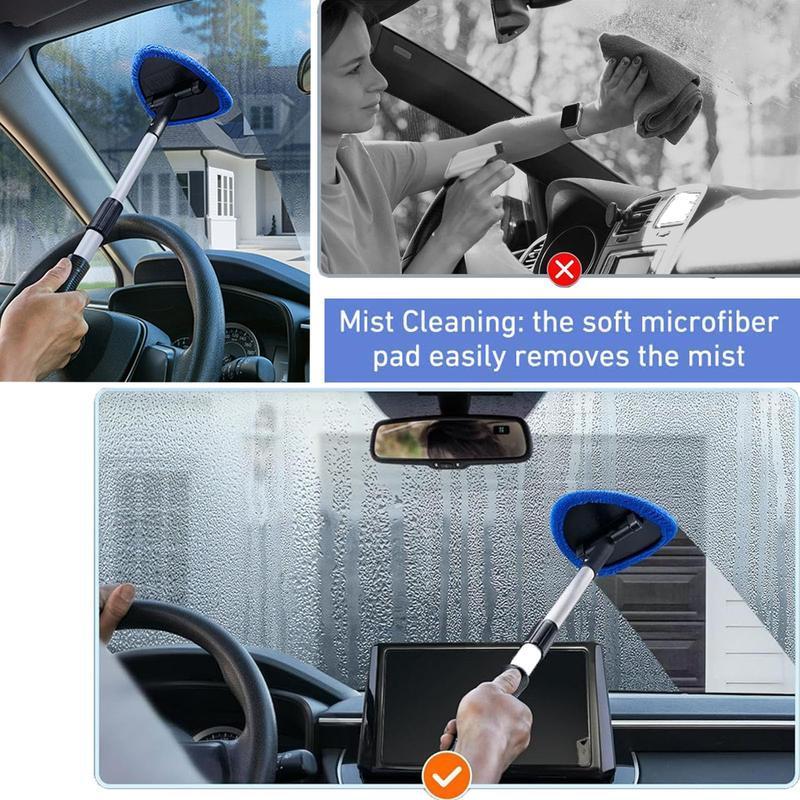 Windshield Cleaner Tool, Microfiber Car Window Cleaning Tool with Extendable Handle & 3 Cloth Pad Head, Auto Interior Exterior Glass Wiper Car Glass Cleaner Kit,car cleaning kit,car detailing products
