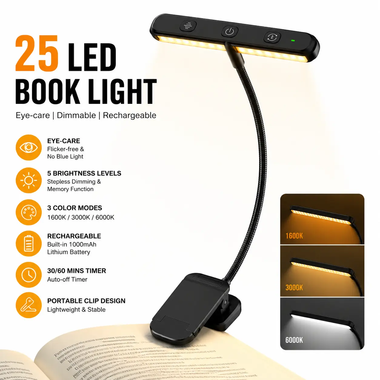 Book Light for Reading in Bed, Rechargeable Clip On Reading Light with 25 LED, 3 Color Temperatures, 5 Brightness Levels, USB-C, Auto-Off Timer, Flexible Reading Lamp for Books, Kindle & Travel