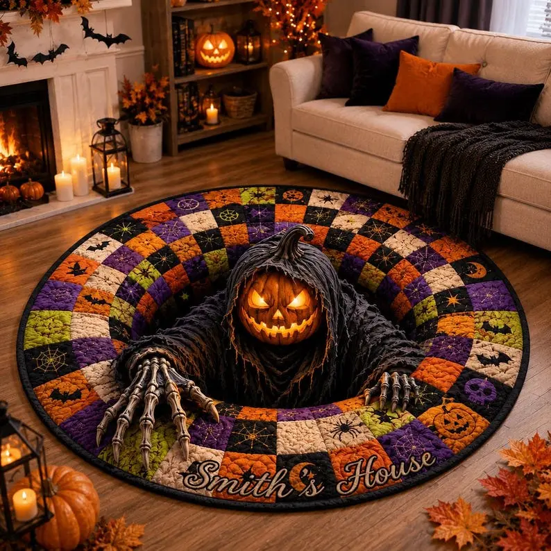 Spooky Gothic Custom 3D Optical Illusion Halloween Round Area Rug Creepy Jack-O-Lantern Pumpkin Abyss Circle Doormat Non-Slip Soft Fleece Personalized Fall Decor Gift