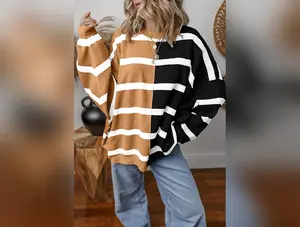 Light Beige Striped Colorblock Drop Shoulder Sweater