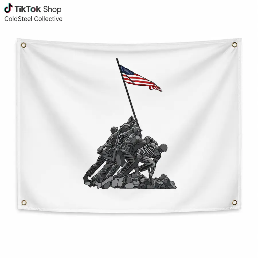 American Flag Raising Memorial Tapestry, Military Tribute Patriotic Wall Hanging, Veteran Marine Corps Home Decor for Man Cave, 4 Grommet Holes at Corners