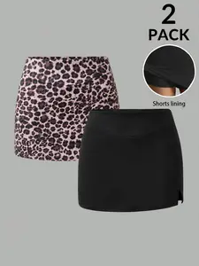 Women's A-line Mini Skirt 2-Piece Set with Inner Shorts; High-waisted stretch mini skirt perfect for Y2K fashion; casual side slit design; a versatile, all-season staple
