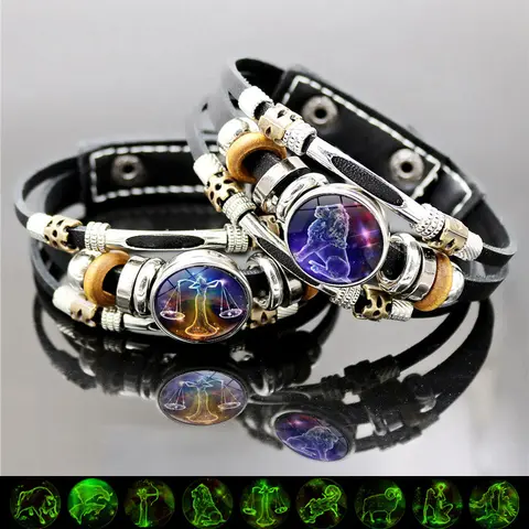 Glow-in-the-Dark 12 Zodiac Signs Leather Bracelet - 6.9in/8.1in Astrology Jewelry, Glowing Zodiac Statement Jewelry, Cool Gifts for Adults, Secret Santa Gifts