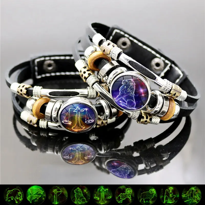 Glow in the Dark Zodiac Leather Bracelet, 12 Signs Astrology Horoscope Bracelet for Men Women, Birthday Gift Jewelry (6.9in/8.1in)