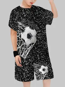 Boys' Fashion Soccer Jerseys Football Pattern 3D Print Casual Short Sleeve Tee & Shorts Set, Outdoor Sports, Spring & Fall Wear